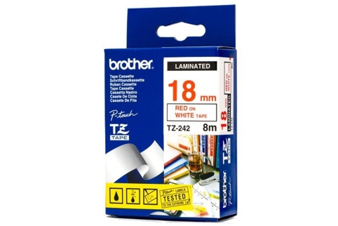 Brother PT-1880 Laminated Red on White Tape - 18mm x 8m (Genuine)