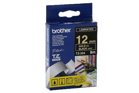 Brother PT-1090 Laminated Gold on Black Tape - 12mm x 8m (Genuine)