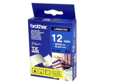 Brother PT-1230PC Laminated White on Blue Tape - 12mm x 8m (Genuine)