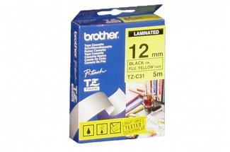 Brother PT-2430PC Laminated Blue on Flu. Yellow Tape - 12mm x 5m (Genuine)